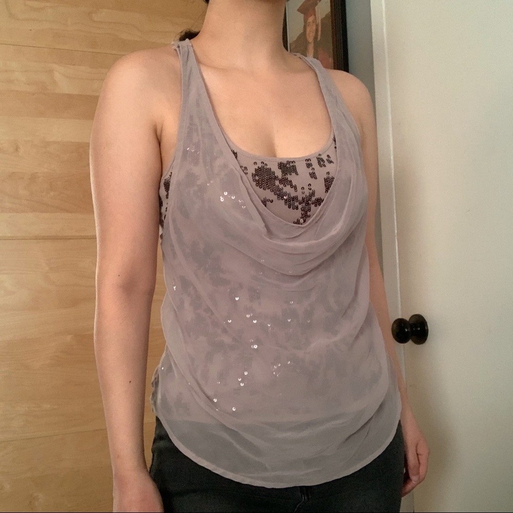 GUESS Sequin Cowl Neck Chiffon Embellished Blouse